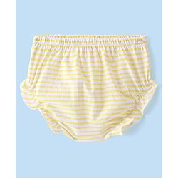 Babyhug 100% Cotton Jersey Knit Half Sleeves Flower Applique Striped Frock with Bloomer- Yellow