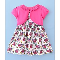 Babyhug 100% Cotton Knit Strap Shoulder Frock & Half Sleeves Shrug with Floral Print - Multicolor