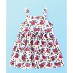 Babyhug 100% Cotton Knit Strap Shoulder Frock & Half Sleeves Shrug with Floral Print - Multicolor