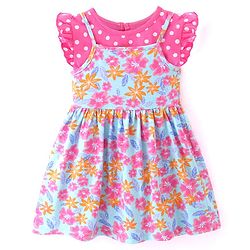 Babyhug Cotton Jersey Knit Frock with Cap Sleeves  Inner T-Shirt Floral Print - Multicolor