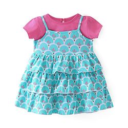 Babyhug Cotton Jersey Knit Frock with Half Sleeves  Inner T-Shirt Floral Print - Multicolor