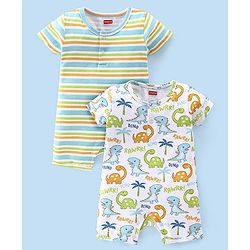 Babyhug 100% Cotton Interlock Knit Half Sleeves Romper Stripes & Dino Print Pack Of 2 - Multicolor