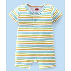Babyhug 100% Cotton Interlock Knit Half Sleeves Romper Stripes & Dino Print Pack Of 2 - Multicolor