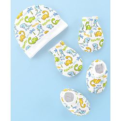 Babyhug Interlock 100% Cotton Knit Cap Mittens & Booties Set Dino Print - White