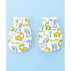 Babyhug Interlock 100% Cotton Knit Cap Mittens & Booties Set Dino Print - White