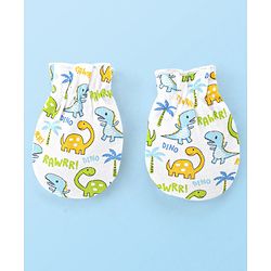 Babyhug Interlock 100% Cotton Knit Cap Mittens & Booties Set Dino Print - White