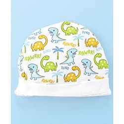 Babyhug Interlock 100% Cotton Knit Cap Mittens & Booties Set Dino Print - White