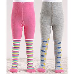 Cute Walk by Babyhug Anti Bacterial Footed  Tights Stripes & Polka Dot Design Pack of 2 - Multicolor