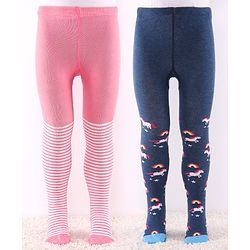 Cutewalk by Babyhug Anti-Bacterial Tights Unicorn & Stripes Print Pack of 2 - Pink & Blue