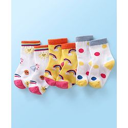 Cute Walk  By Babyhug Anti-Bacterial Ankle Length Socks Rainbow Polka Dot & Sun Design Pack Of 3- Yellow & White