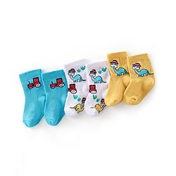Cute Walk By Babyhug Anti-Bacterial Ankle Length Socks Dino & Tractor Design Pack Of 3- White Yellow & Blue