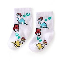 Cute Walk By Babyhug Anti-Bacterial Ankle Length Socks Dino & Tractor Design Pack Of 3- White Yellow & Blue