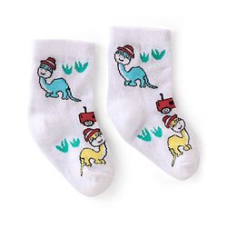 Cute Walk By Babyhug Anti-Bacterial Ankle Length Socks Dino & Tractor Design Pack Of 3- White Yellow & Blue