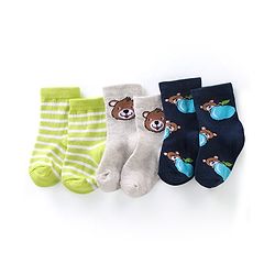 Cute Walk By Babyhug Anti-Bacterial Ankle Length Socks Striped & Teddy Bear Design Pack Of 3- White Green & Blue