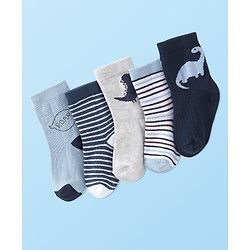 Cute Walk by Babyhug Anti-Bacterial Ankle Length Socks Dino Design Pack of 5 - Blue & Grey