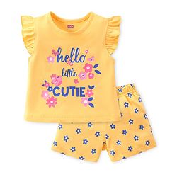 Babyhug Cotton Knit Half Sleeve Night Suit with Text Print - Yellow