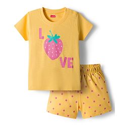 Babyhug Cotton Knit Half Sleeve Night Suit with Text Print - Yellow