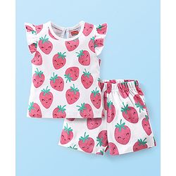 Babyhug Flutter Sleeves Night Suit With Strawberry Print - Pink