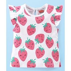 Babyhug Flutter Sleeves Night Suit With Strawberry Print - Pink