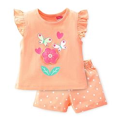 Babyhug Cotton Knit Flutter Sleeve Night Suit with Floral Applique Print - Orange