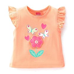 Babyhug Cotton Knit Flutter Sleeve Night Suit with Floral Applique Print - Orange
