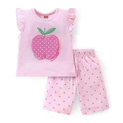 Babyhug 100% Cotton Knit Flutter Sleeve Capri Night Suit With Apple Patch - Pink