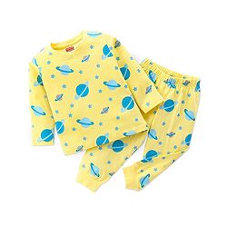 Babyhug Single Jersey Full Sleeves Night Suit Planets Print - Yellow