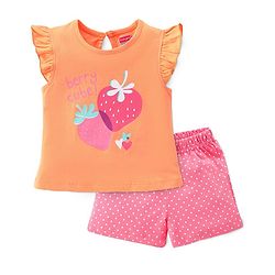 Babyhug Single Jersey Frill Sleeves Night Suit Strawberry Print - Orange & Pink