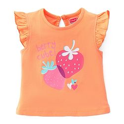 Babyhug Single Jersey Frill Sleeves Night Suit Strawberry Print - Orange & Pink
