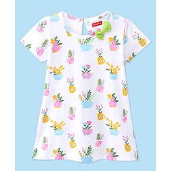 Babyhug Cotton Jersey Half Sleeves Frock with Flower Pots Print - White Blue & Pink