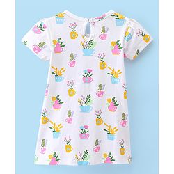 Babyhug Cotton Jersey Half Sleeves Frock with Flower Pots Print - White Blue & Pink