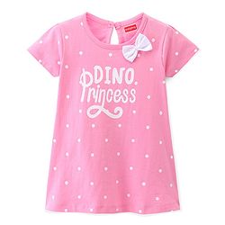 Babyhug Cotton Jersey Knit Half Sleeves Frock with Polka Dots Print & Bow Applique - Pink
