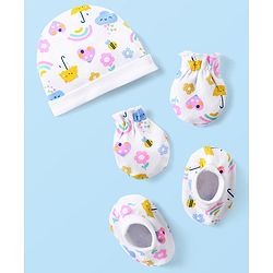 Babyhug 100% Cotton Cap Mittens & Booties Set Floral & Rainbow Print - Multicolour