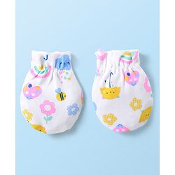 Babyhug 100% Cotton Cap Mittens & Booties Set Floral & Rainbow Print - Multicolour