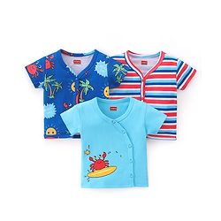 Babyhug 100% Cotton Knit Half Sleeves Front Open Vest Striped & Beach Theme Pack of 3 - Blue Red & White