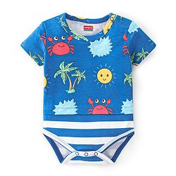 Babyhug 100% Cotton Half Sleeves Onesie With Beach Print - Navy Blue