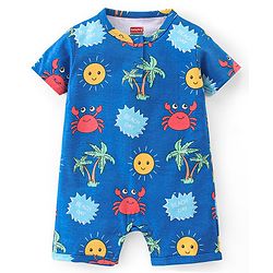Babyhug 100% Cotton Knit Half Sleeves Romper With Beach Theme Print - Blue