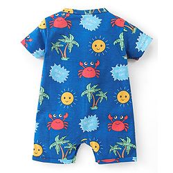 Babyhug 100% Cotton Knit Half Sleeves Romper With Beach Theme Print - Blue