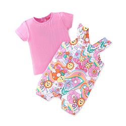 Babyhug Cotton Knit Floral Printed Dungaree with Half Sleeves Inner Tee - Multicolour