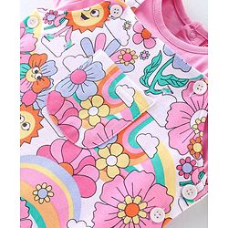 Babyhug Cotton Knit Floral Printed Dungaree with Half Sleeves Inner Tee - Multicolour