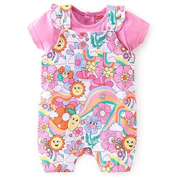 Babyhug Cotton Knit Floral Printed Dungaree with Half Sleeves Inner Tee - Multicolour