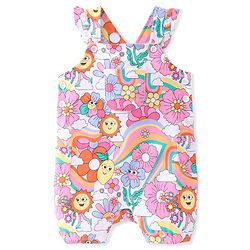 Babyhug Cotton Knit Floral Printed Dungaree with Half Sleeves Inner Tee - Multicolour