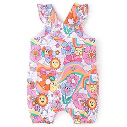 Babyhug Cotton Knit Floral Printed Dungaree with Half Sleeves Inner Tee - Multicolour