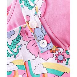 Babyhug Cotton Knit Floral Printed Dungaree with Half Sleeves Inner Tee - Multicolour