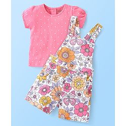 Babyhug Single Jersey Cotton Knit Dungaree & Half Sleeves Inner Tee Set Floral Print - Multicolour
