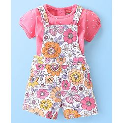 Babyhug Single Jersey Cotton Knit Dungaree & Half Sleeves Inner Tee Set Floral Print - Multicolour