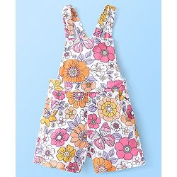 Babyhug Single Jersey Cotton Knit Dungaree & Half Sleeves Inner Tee Set Floral Print - Multicolour