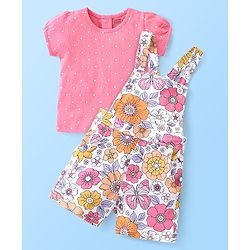 Babyhug Single Jersey Cotton Knit Dungaree & Half Sleeves Inner Tee Set Floral Print - Multicolour