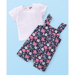 Babyhug 100% Cotton Knit Half Sleeves Polka Dot Print T-Shirt & Dungaree Set Floral Print - White & Blue