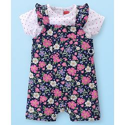 Babyhug 100% Cotton Knit Half Sleeves Polka Dot Print T-Shirt & Dungaree Set Floral Print - White & Blue